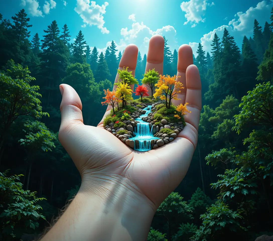 Macro CGI in primo piano di una mano che sorregge una minuscola foresta