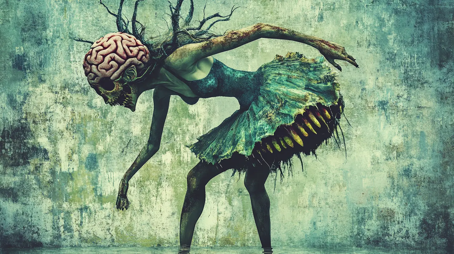 Surreal fae ballerina with monstrous stomach and exposed brain