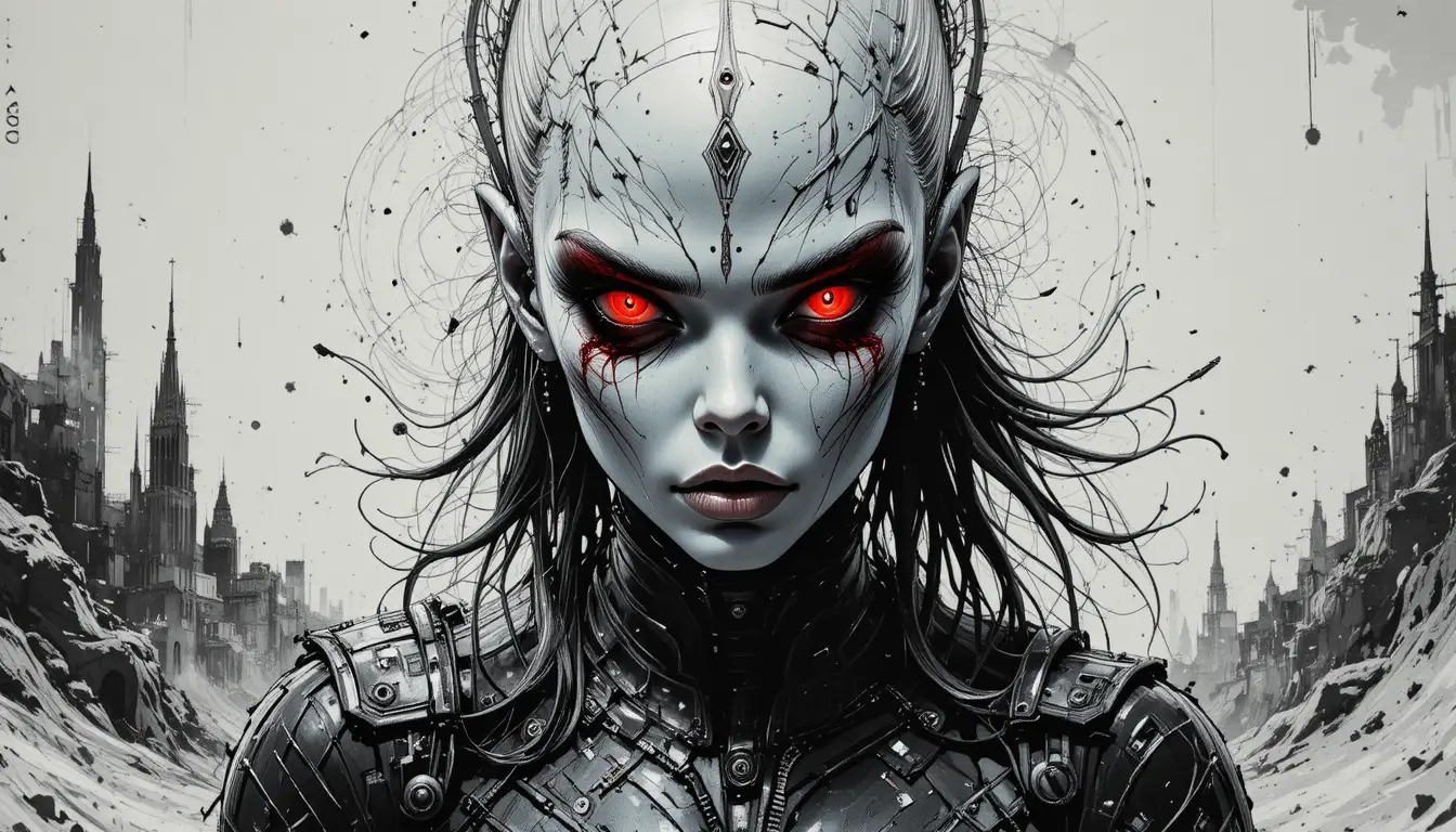 Alien warrior woman in armor with intense red eyes
