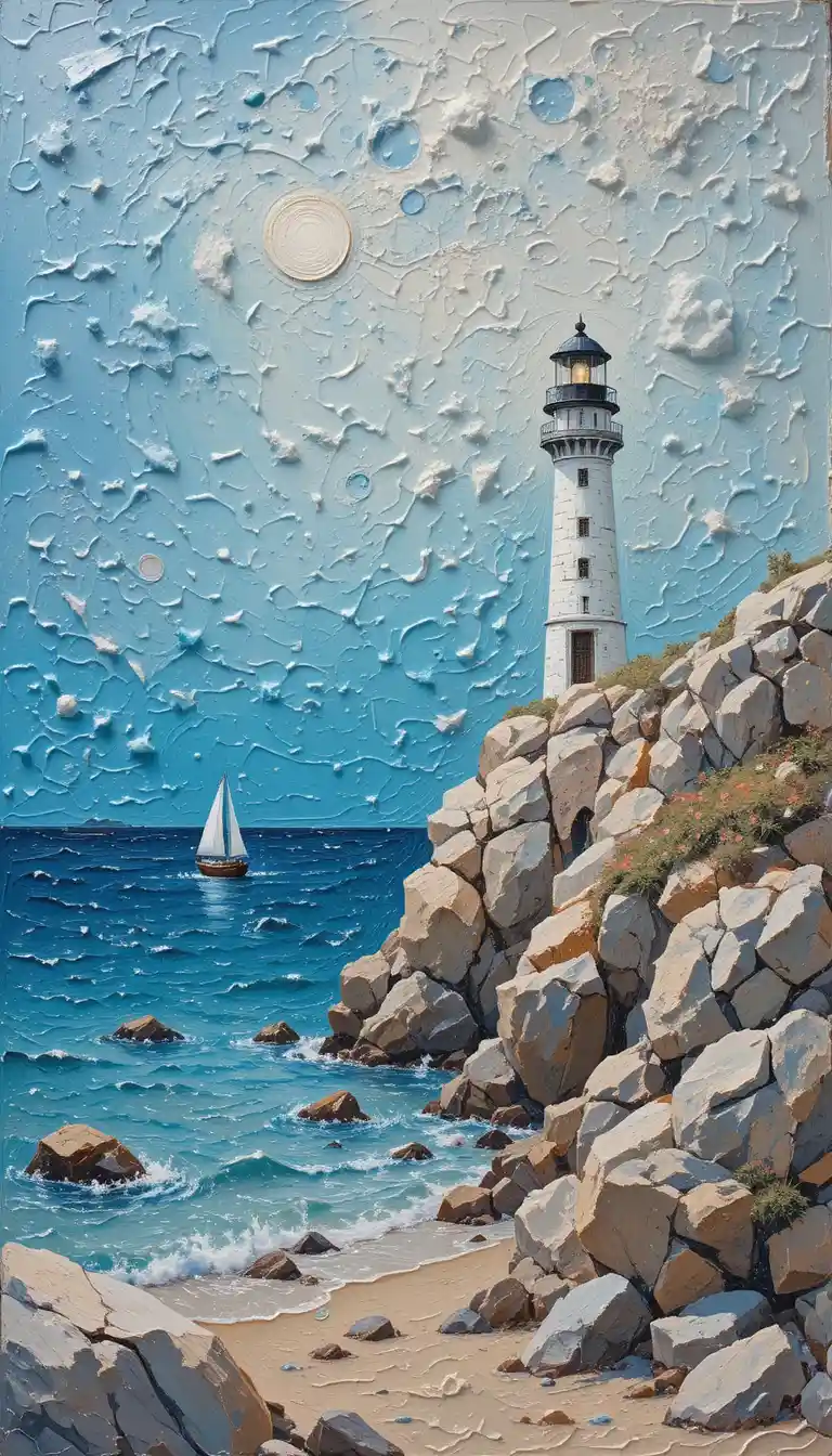 Oil painting of a lighthouse by the sea with sailboat