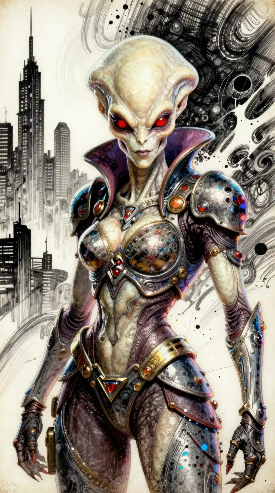 Alien armored woman with red eyes in abstract cityscape