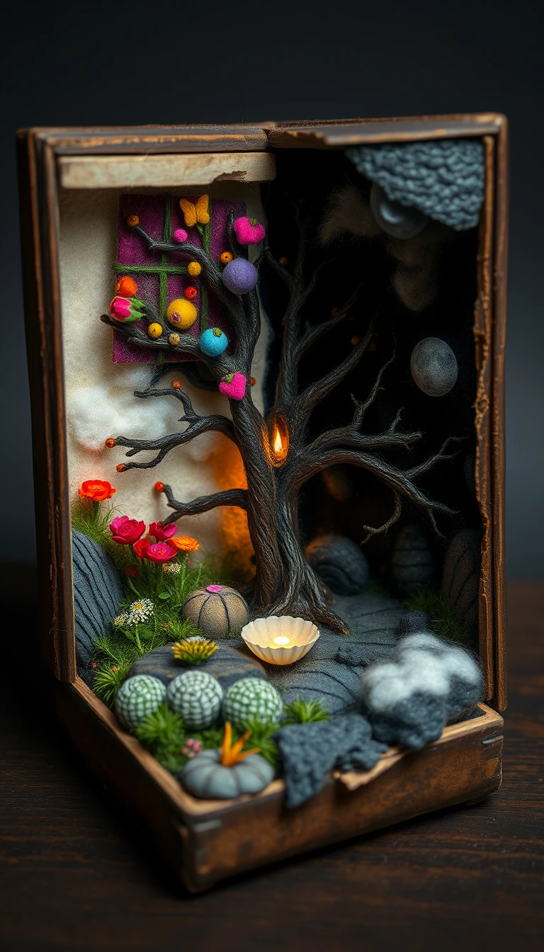 Miniature felt diorama of two contrasting fantasy worlds
