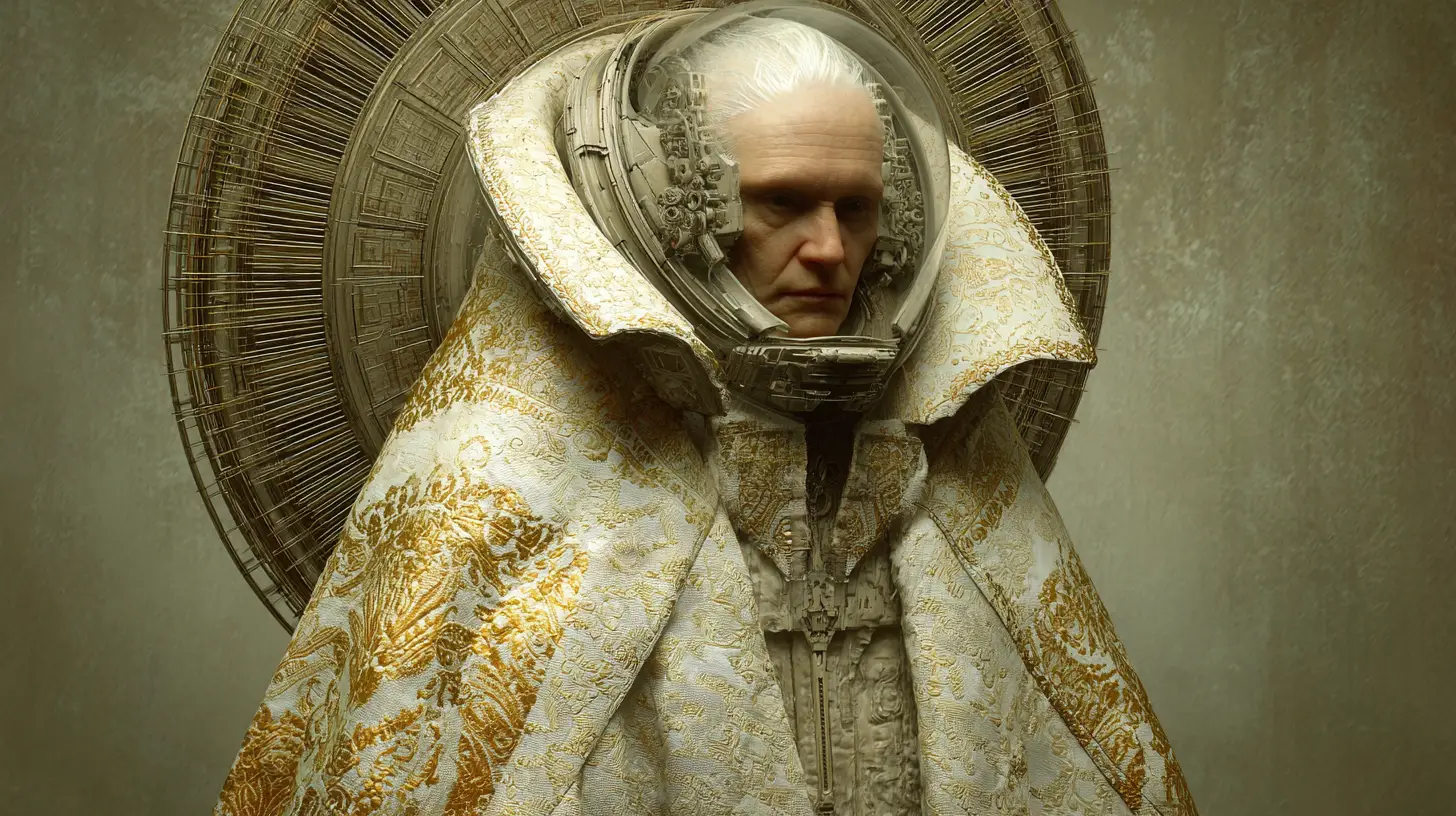 Futuristic space priest in ornate cream and gold robes