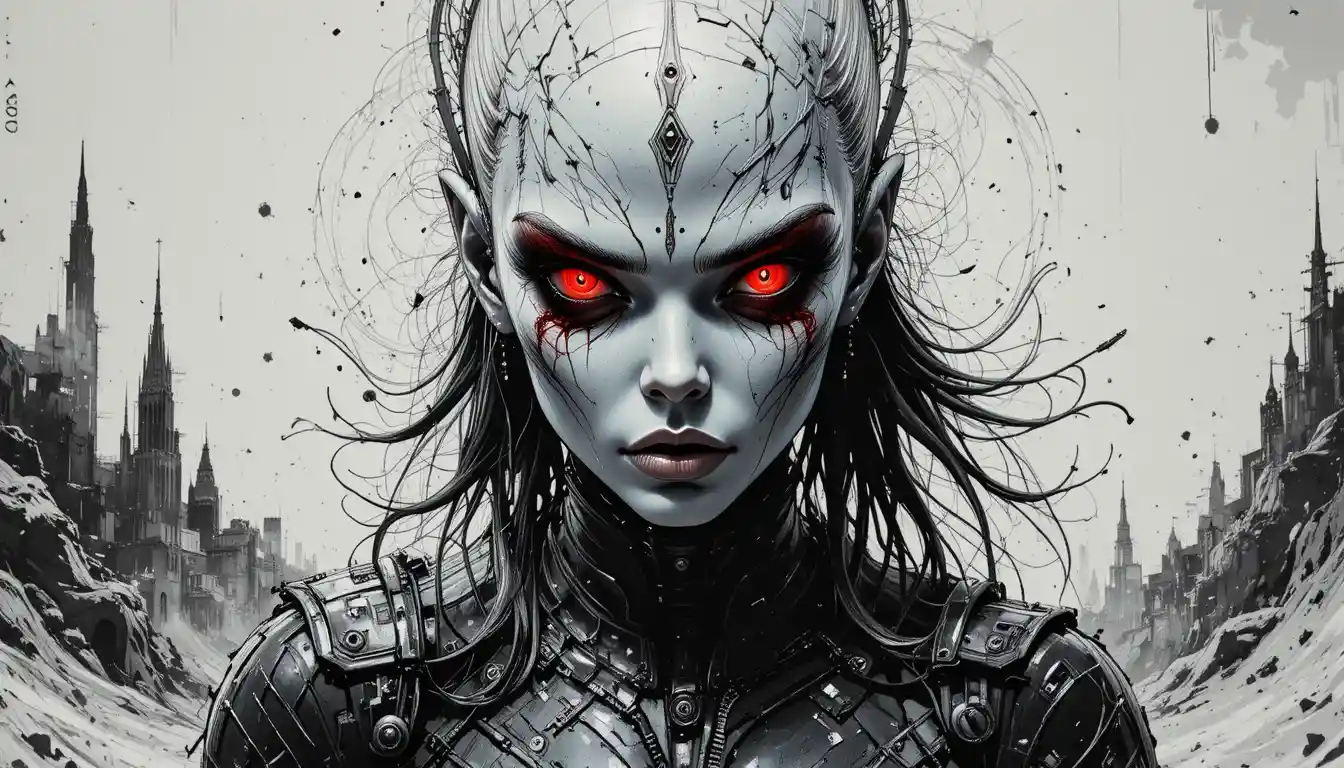 Alien warrior woman in armor with intense red eyes