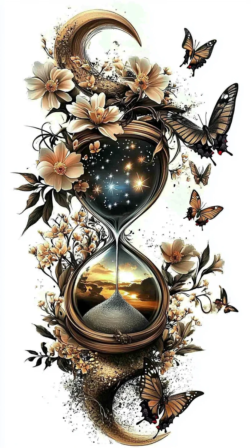 Hourglass With Stars And Flowers Line Art Tattoo Design