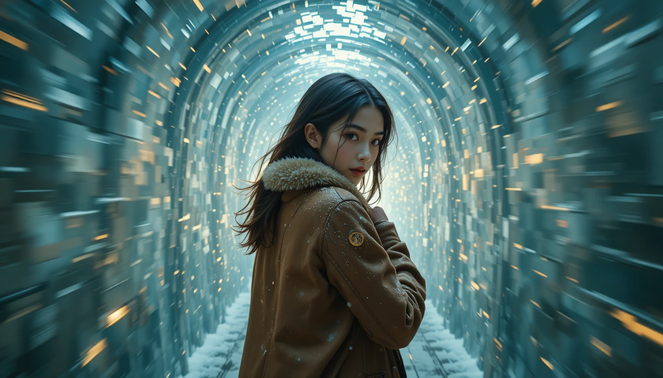 Young woman rushing through an icy corridor with lens flares