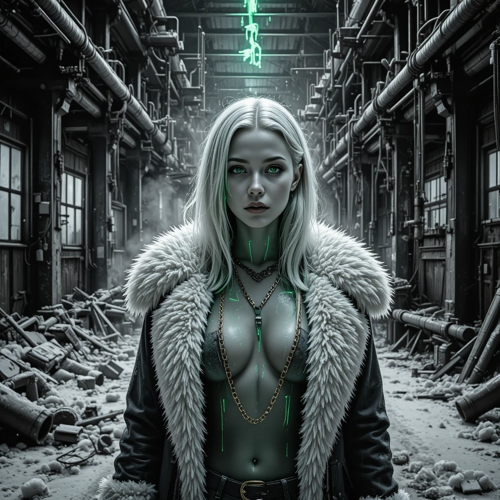 Neon lit woman in a frozen monochrome factory ruin