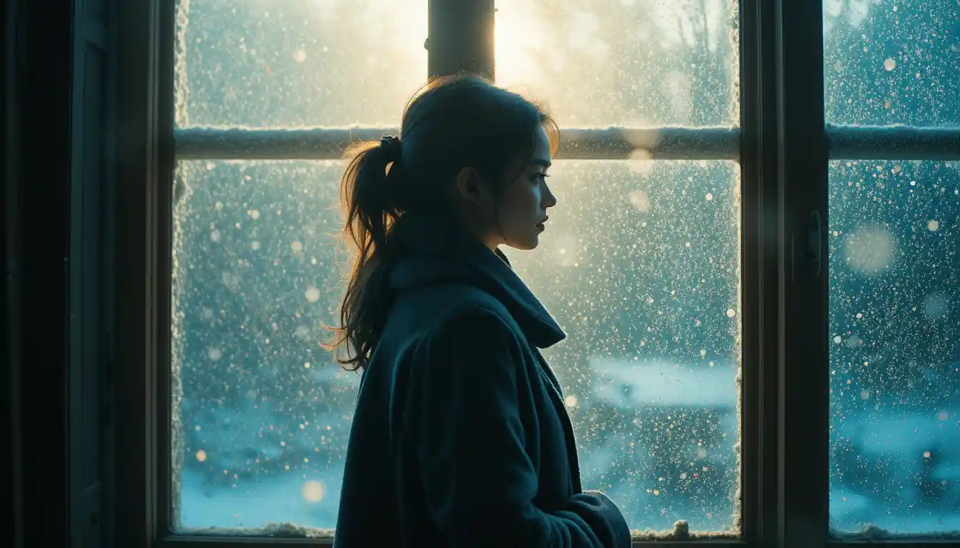 Young woman in profile at a frost covered window
