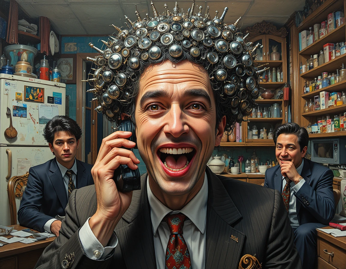 Laughing man with razor hair talking on vintage phone