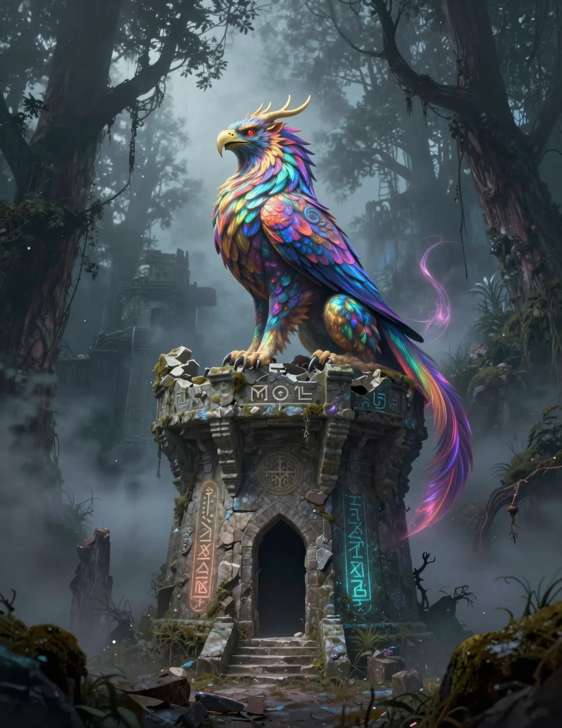 Majestic griffin on a crumbling tower above misty forest