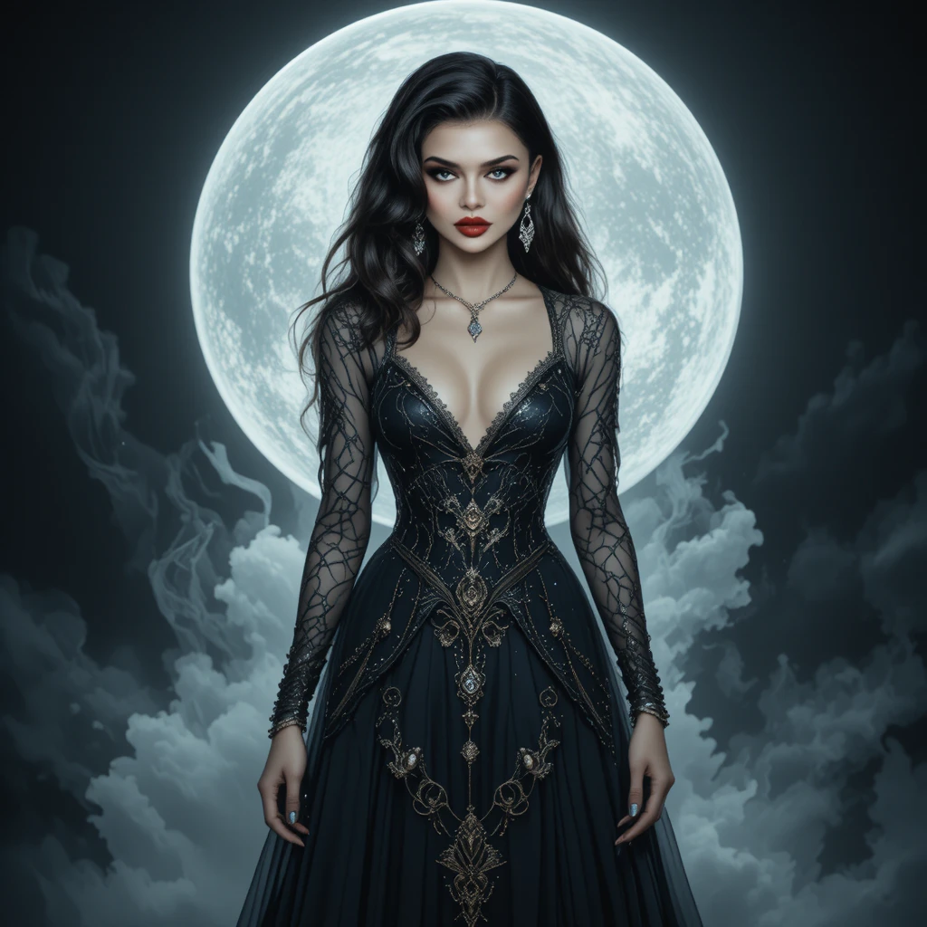 White haired woman in long dress before glowing full moon