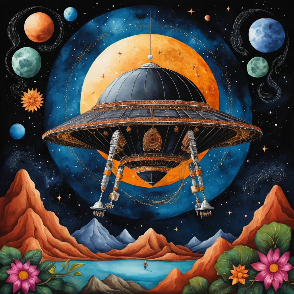 Colorful digital painting of a lunar lander above the moon