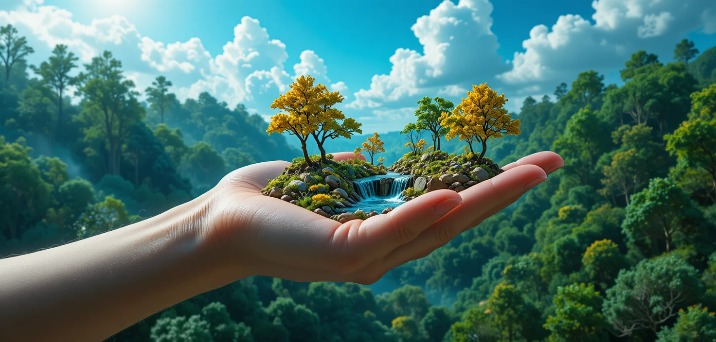 Close up of a hand holding a tiny forest world
