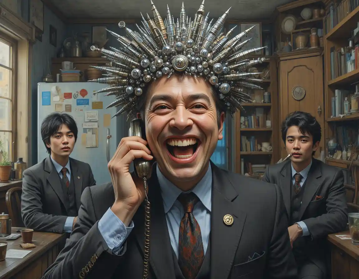 Laughing man with razor hair on the phone in kitchen