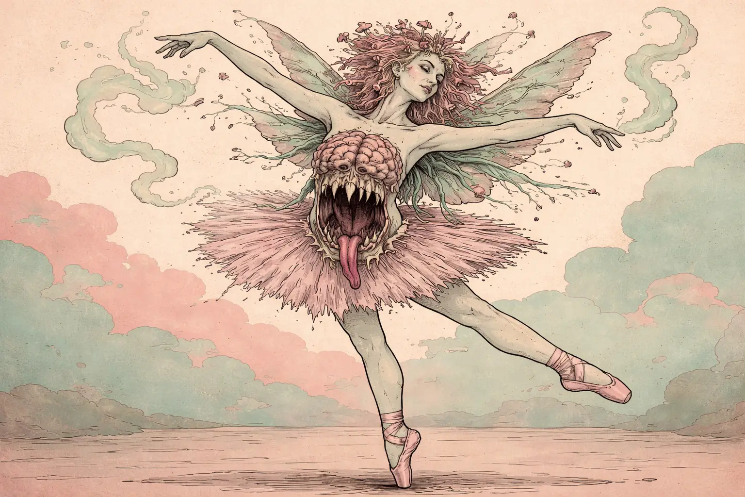Ballerina fata surreale con bocca mostruosa sullo stomaco