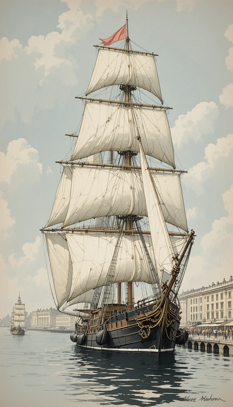 Elegant sailboats with white sails in a classic harbor sketch