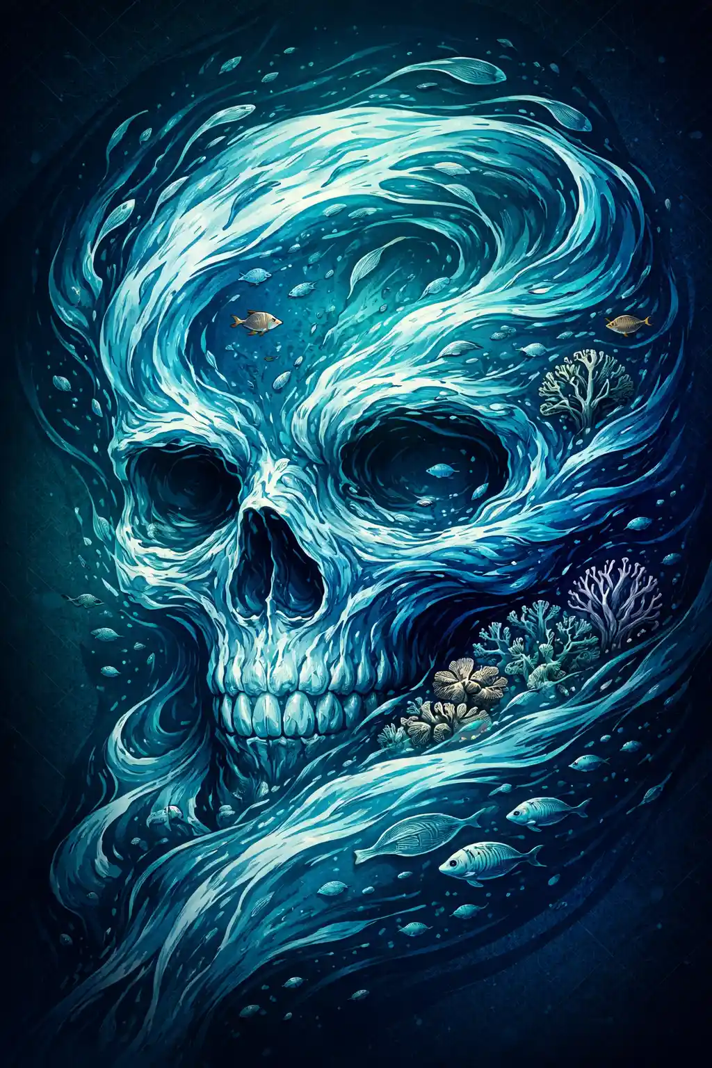 Fluid water skull formed by flowing waves and shapes