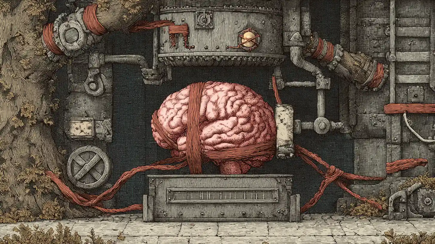 Surreal brain emerging from a steampunk sausage machine
