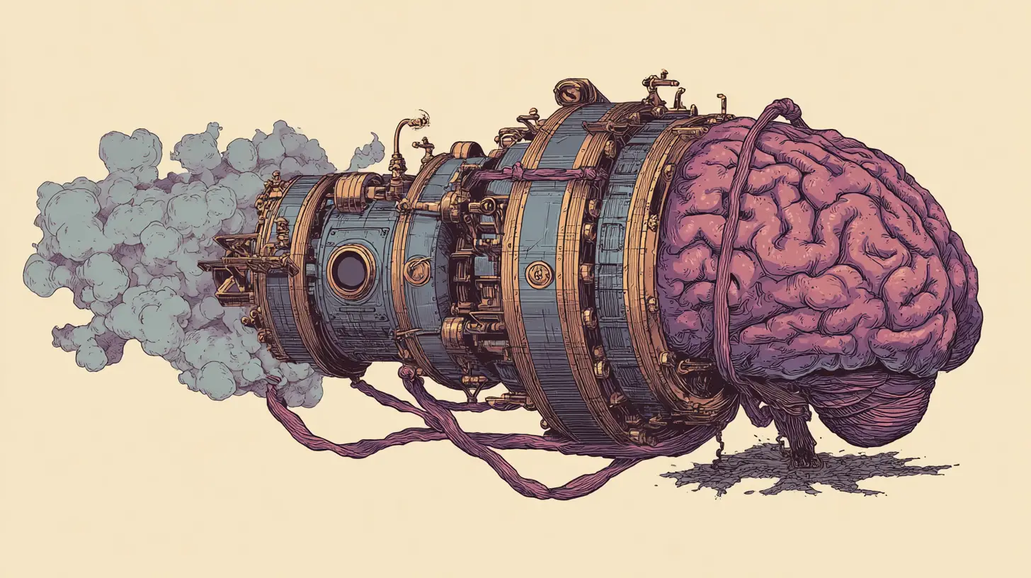 Cerveau surréaliste émergeant d’une machine à saucisses steampunk
