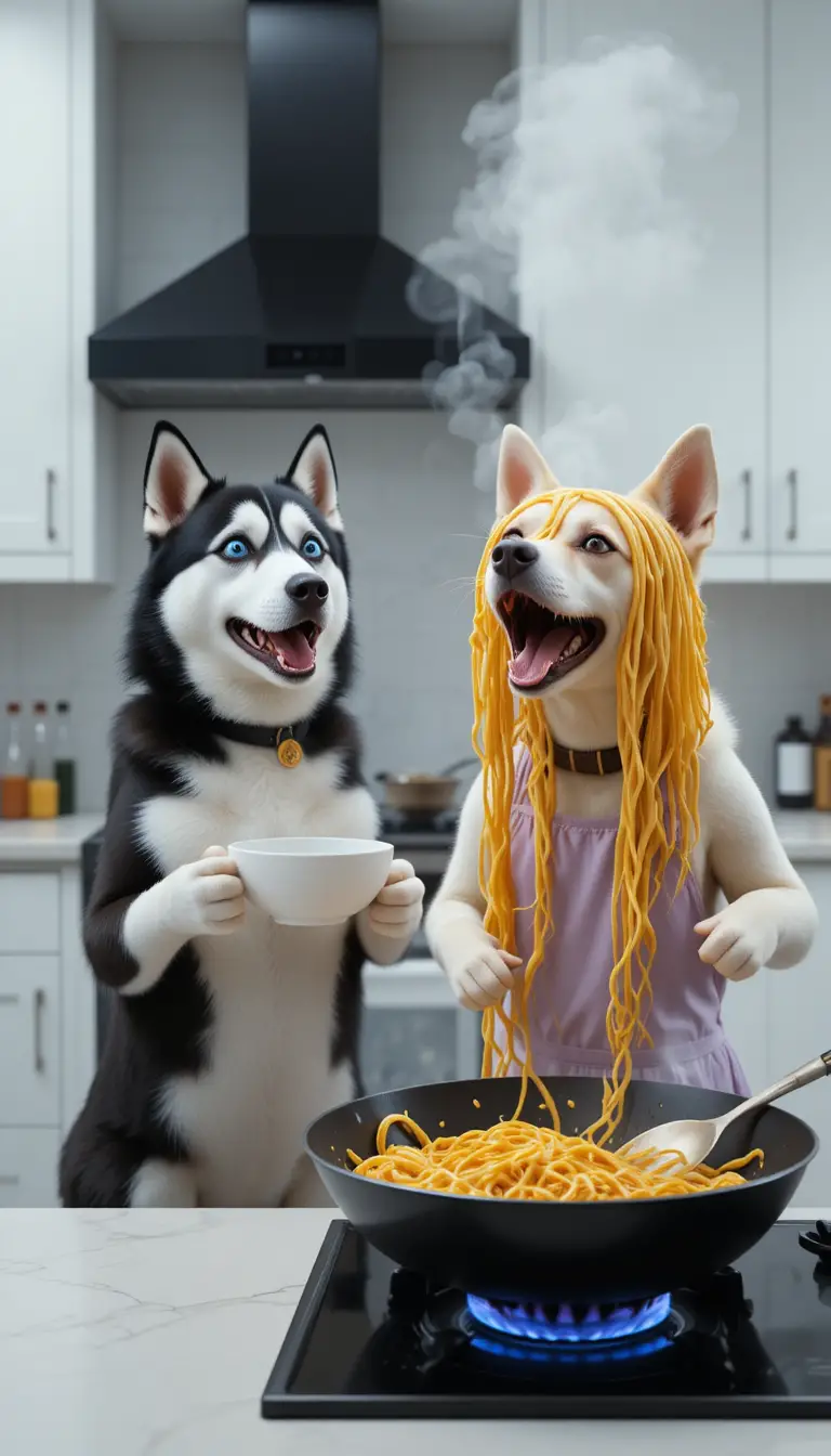Cinematic Husky And Bulldog Cooking Together In Kitchen