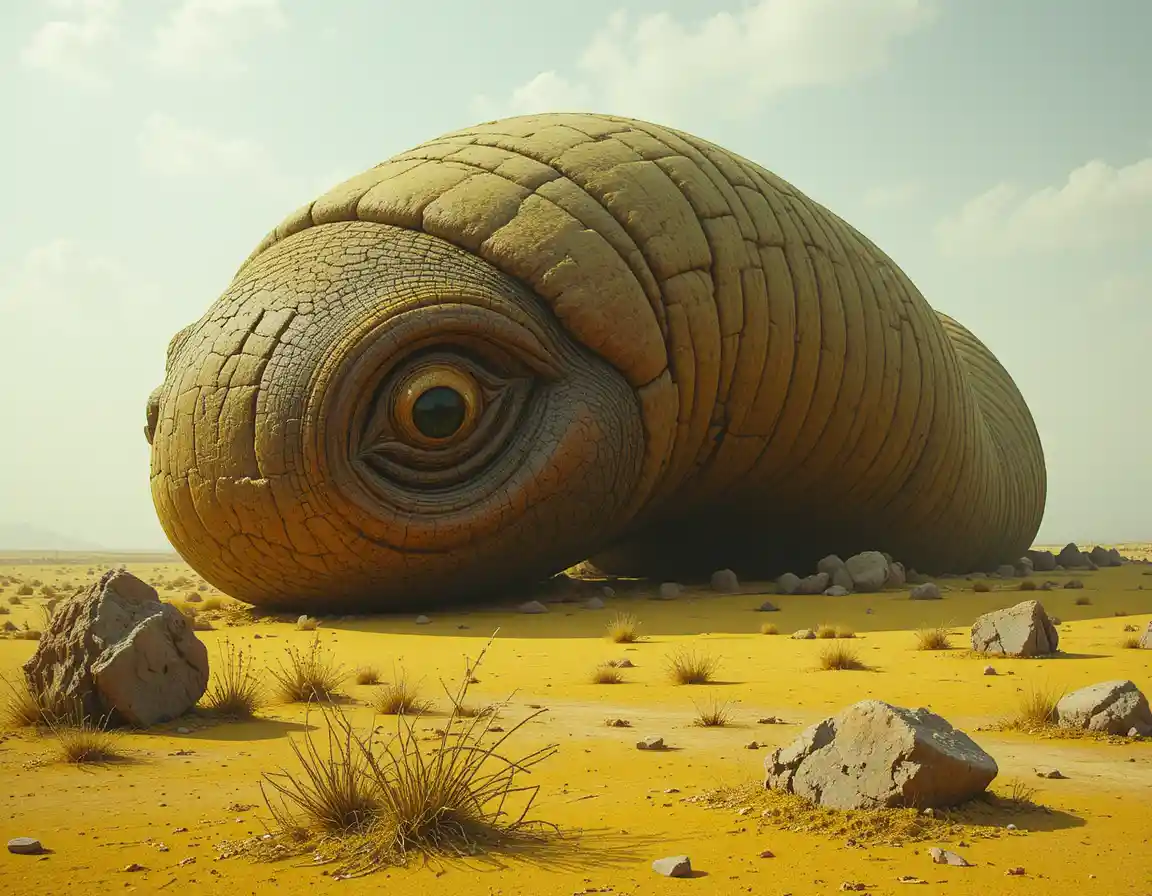 Surreal digital caterpillar in a strange yellow desert