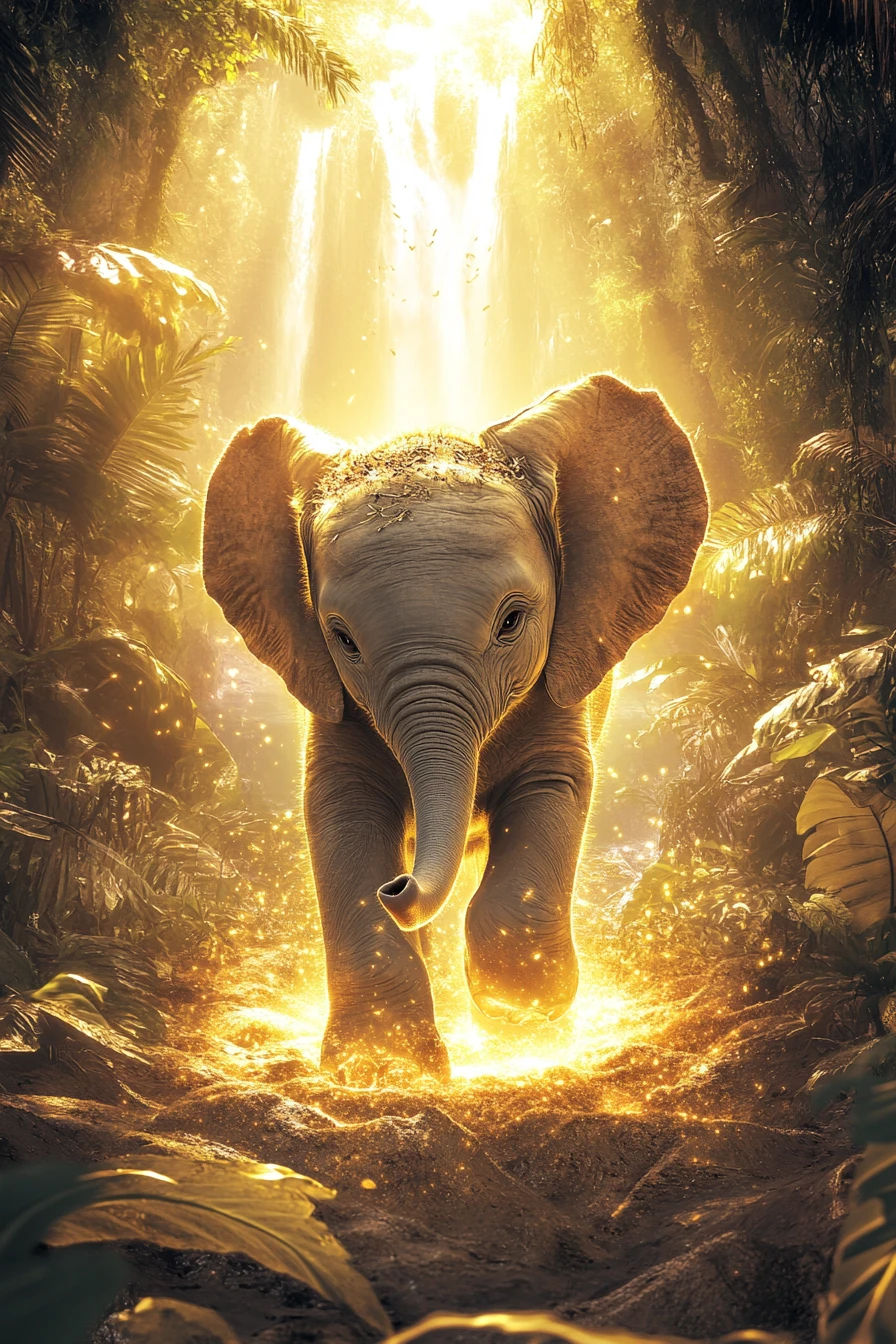Baby elephant walking gently above a lush jungle world