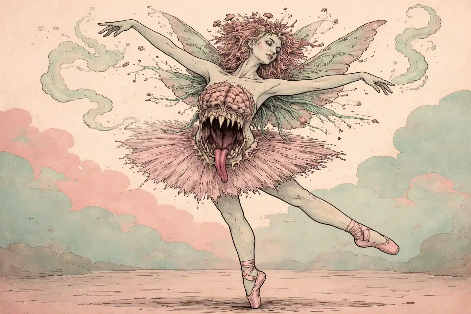 Ballerina fata surreale con bocca mostruosa sullo stomaco