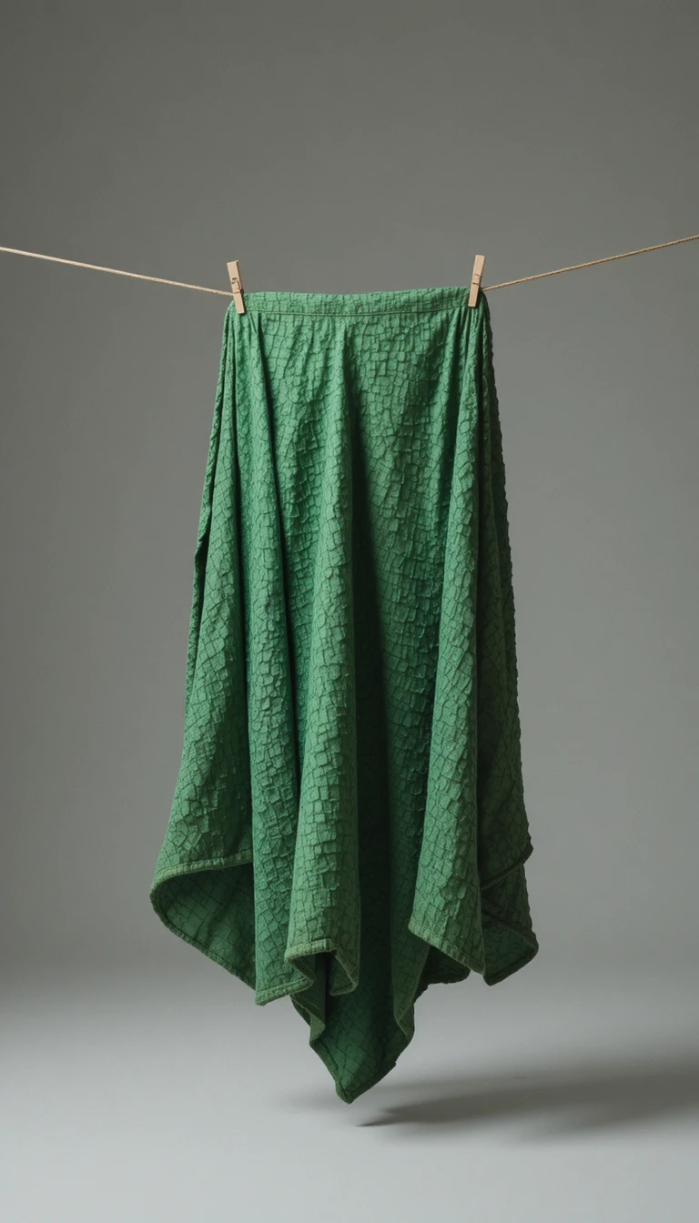 Green cloth shaped like a dinosaur hanging on clothesline
