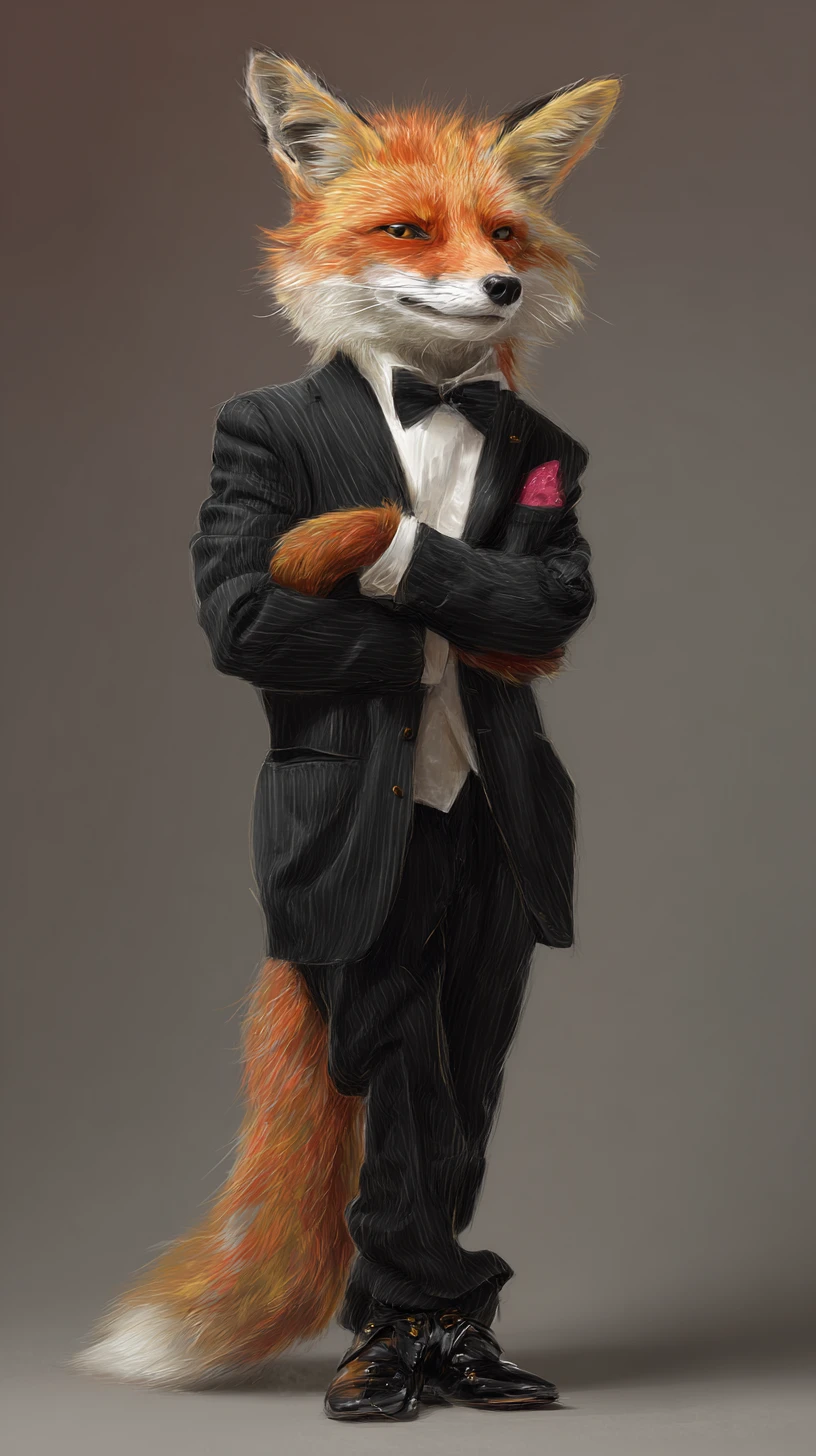 Anthropomorphic male fox artist performing playful twist dance