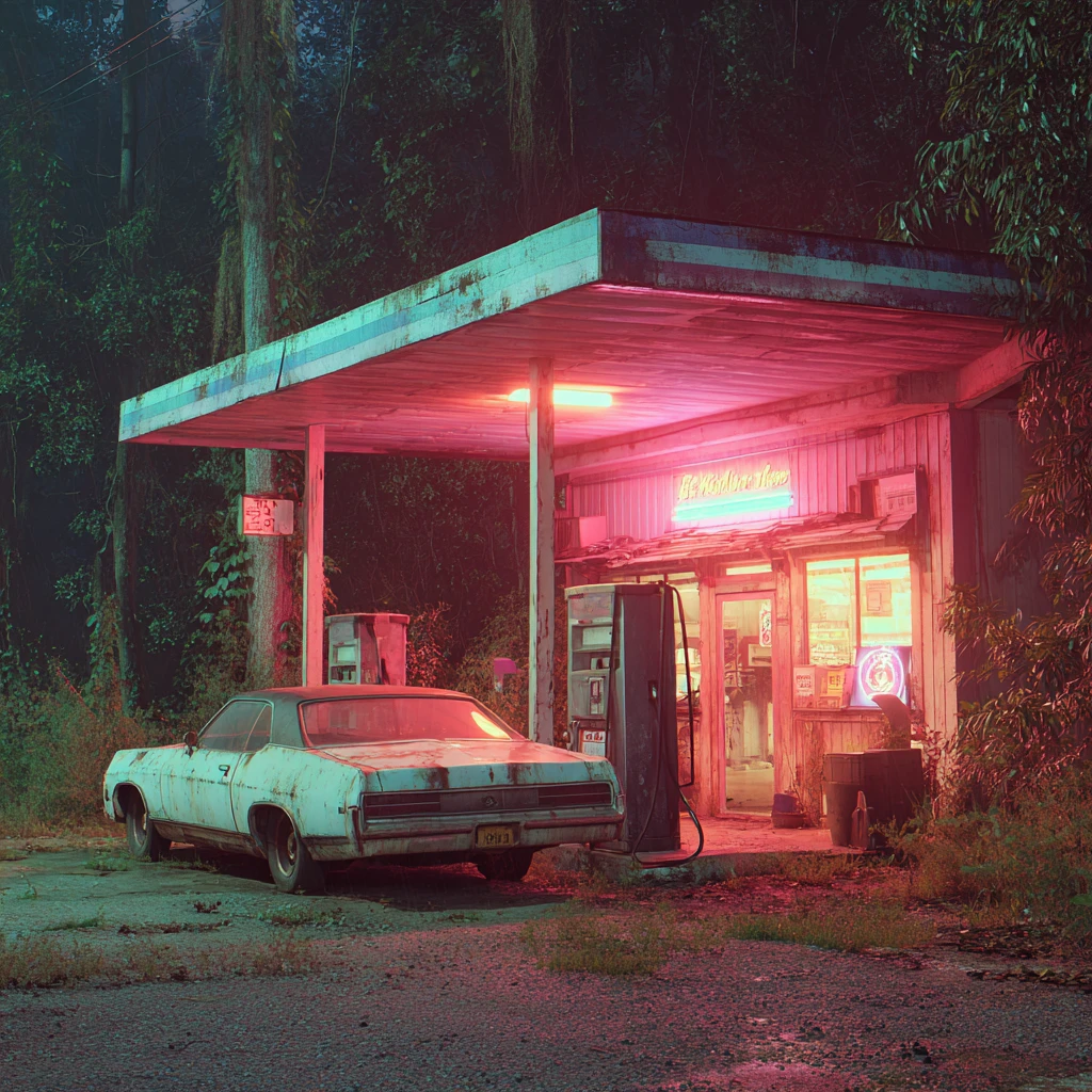 Creepy roadside gas station with rusty old american car