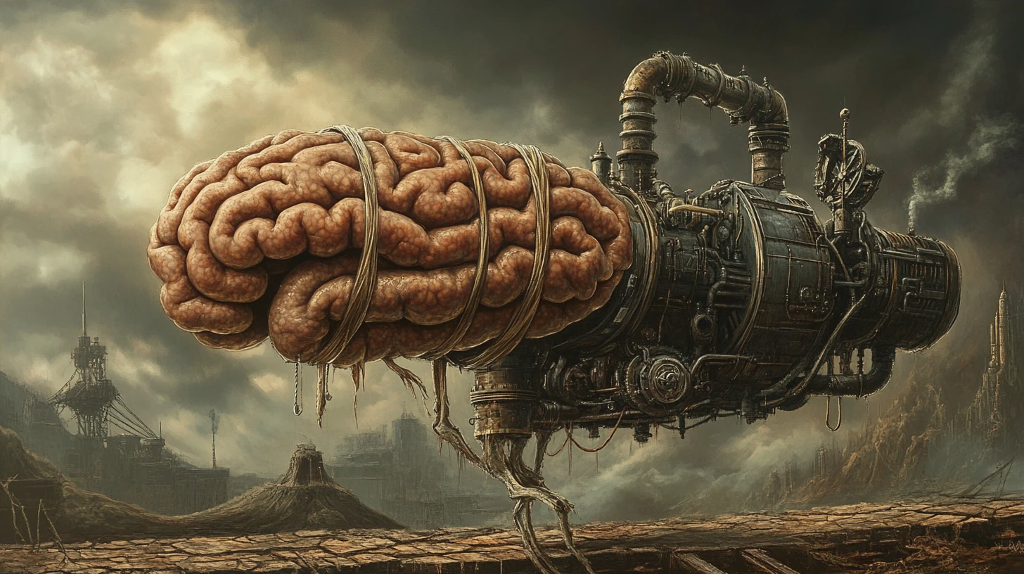 Surreal brain emerging from a steampunk sausage machine