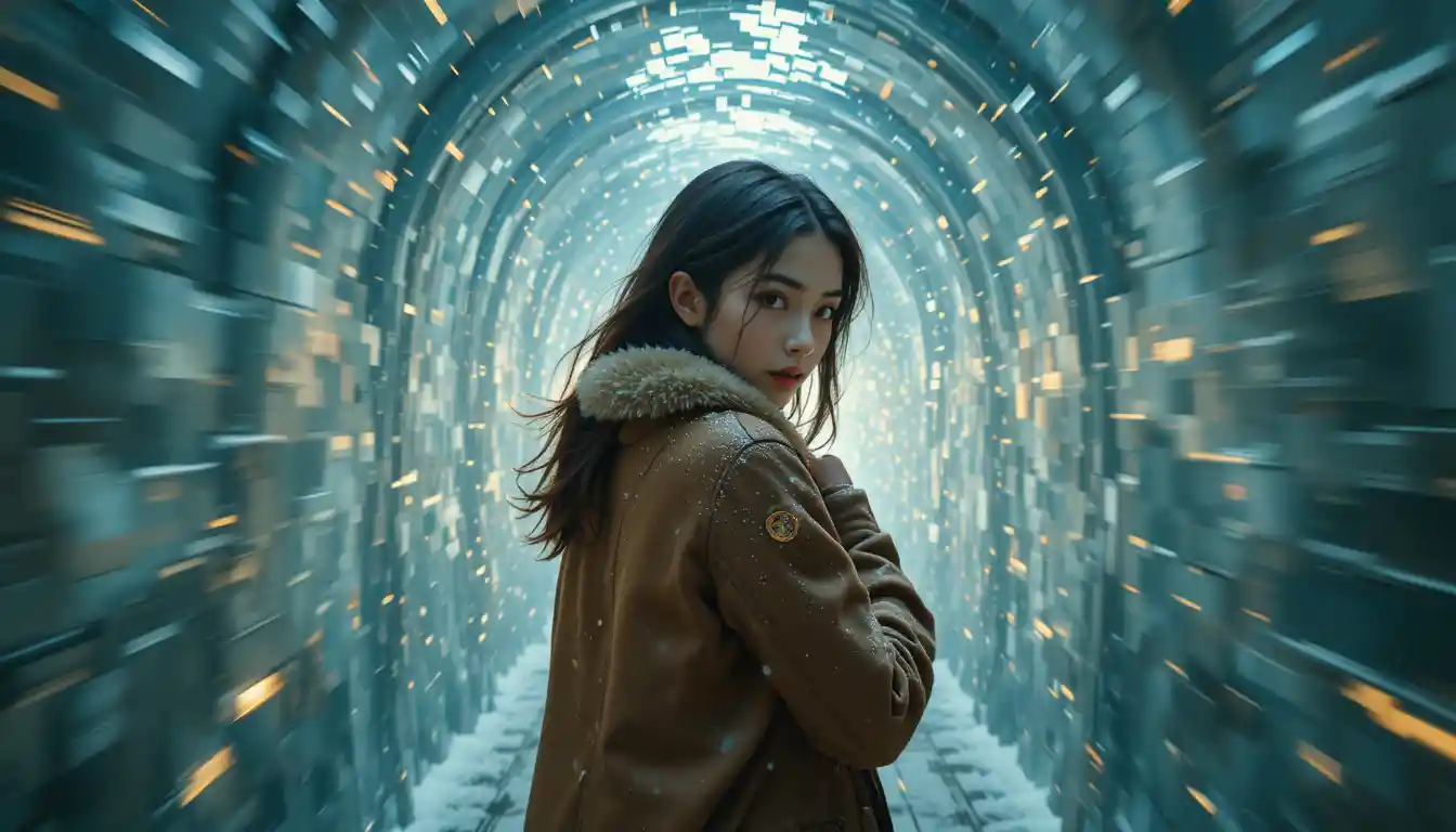 Young woman rushing through an icy corridor with lens flares