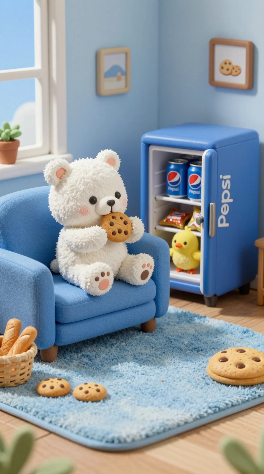 Cute teddy bear on blue sofa in cozy claymation room