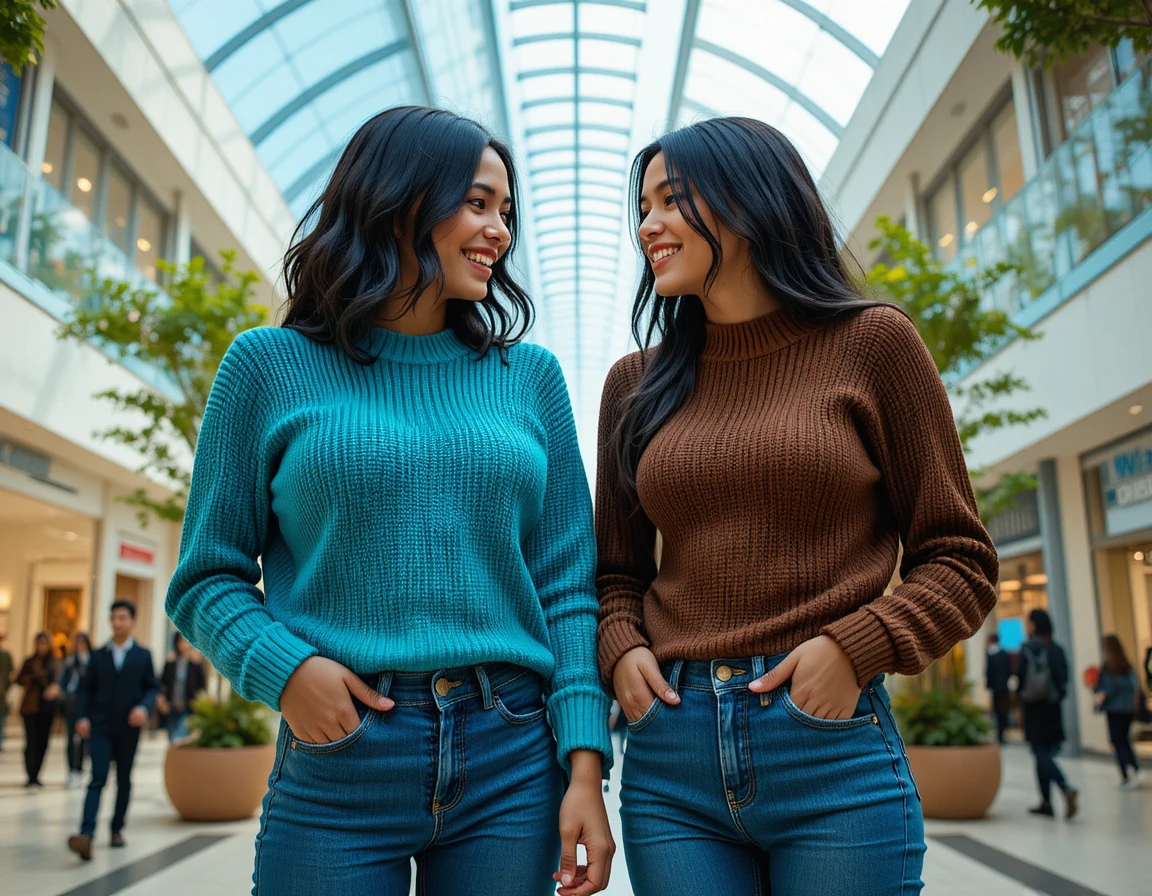 Two young women smiling together in a modern mall