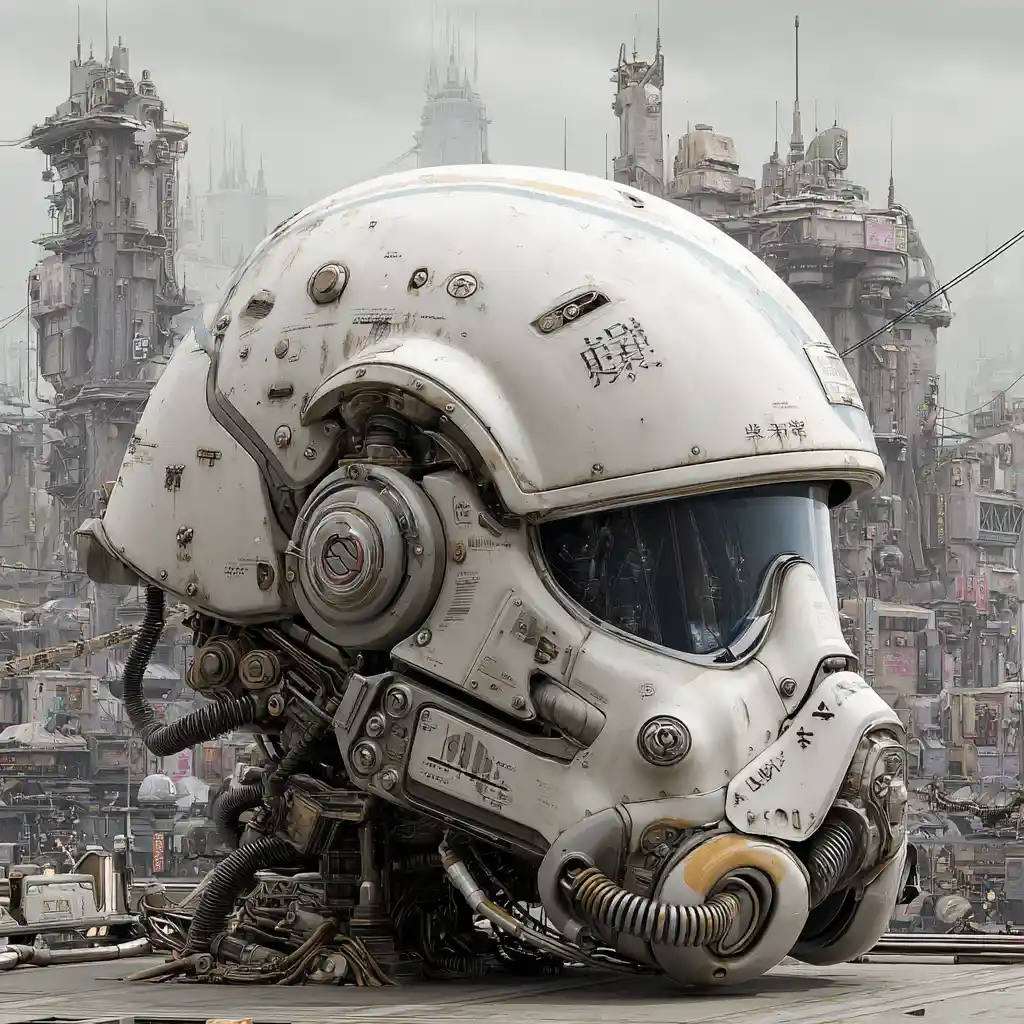 Cyberpunk-Raumsschiff im japanischen Ödland mit gepanzertem Helm-Design