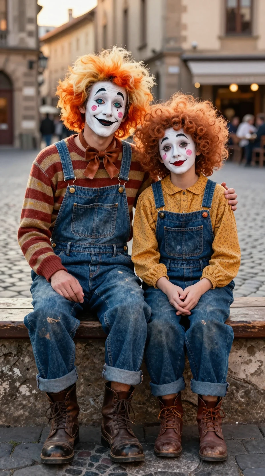 Tender mime couple portrait in a European city square