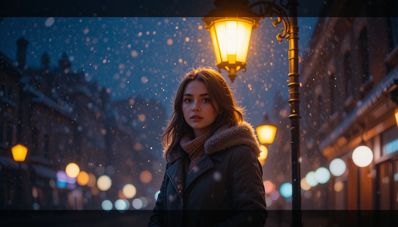 Young woman standing under a streetlamp in falling snow
