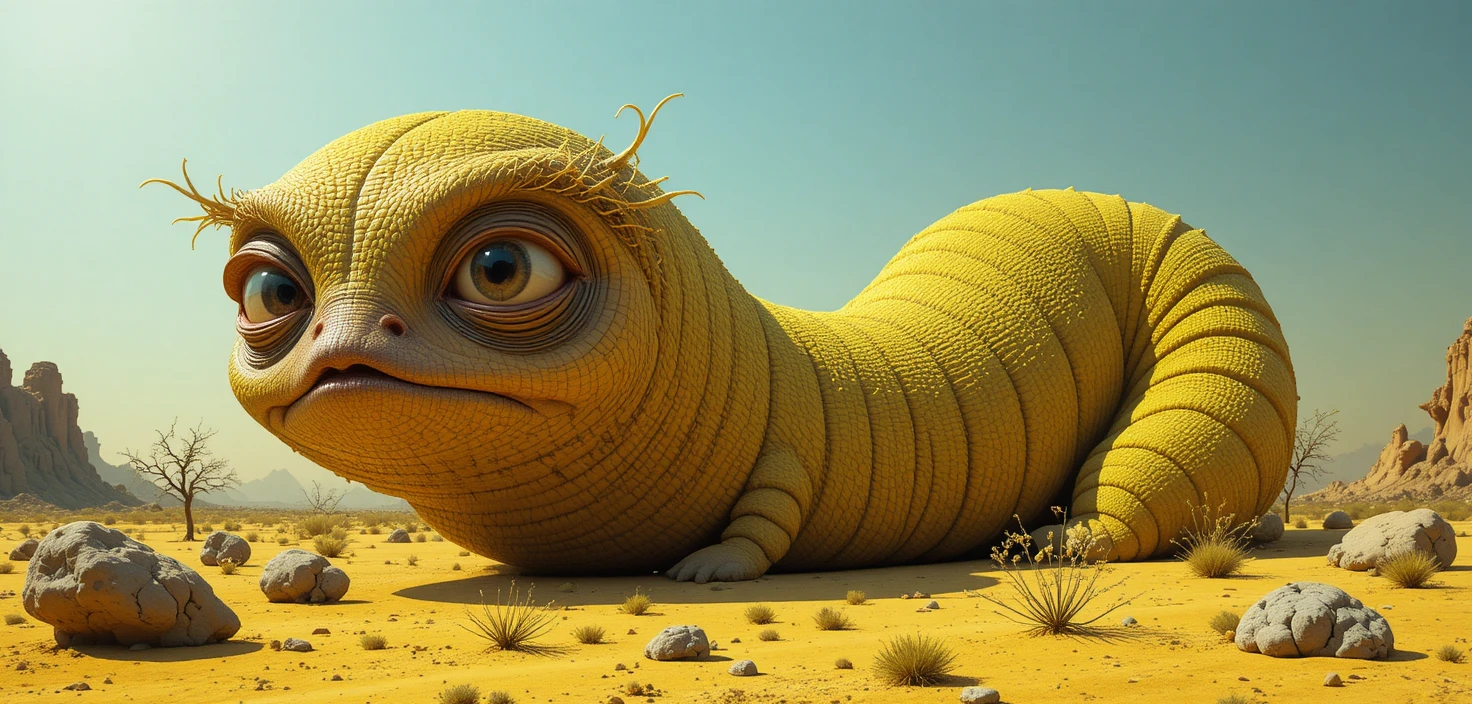 Surreal digital caterpillar in a glowing desert landscape