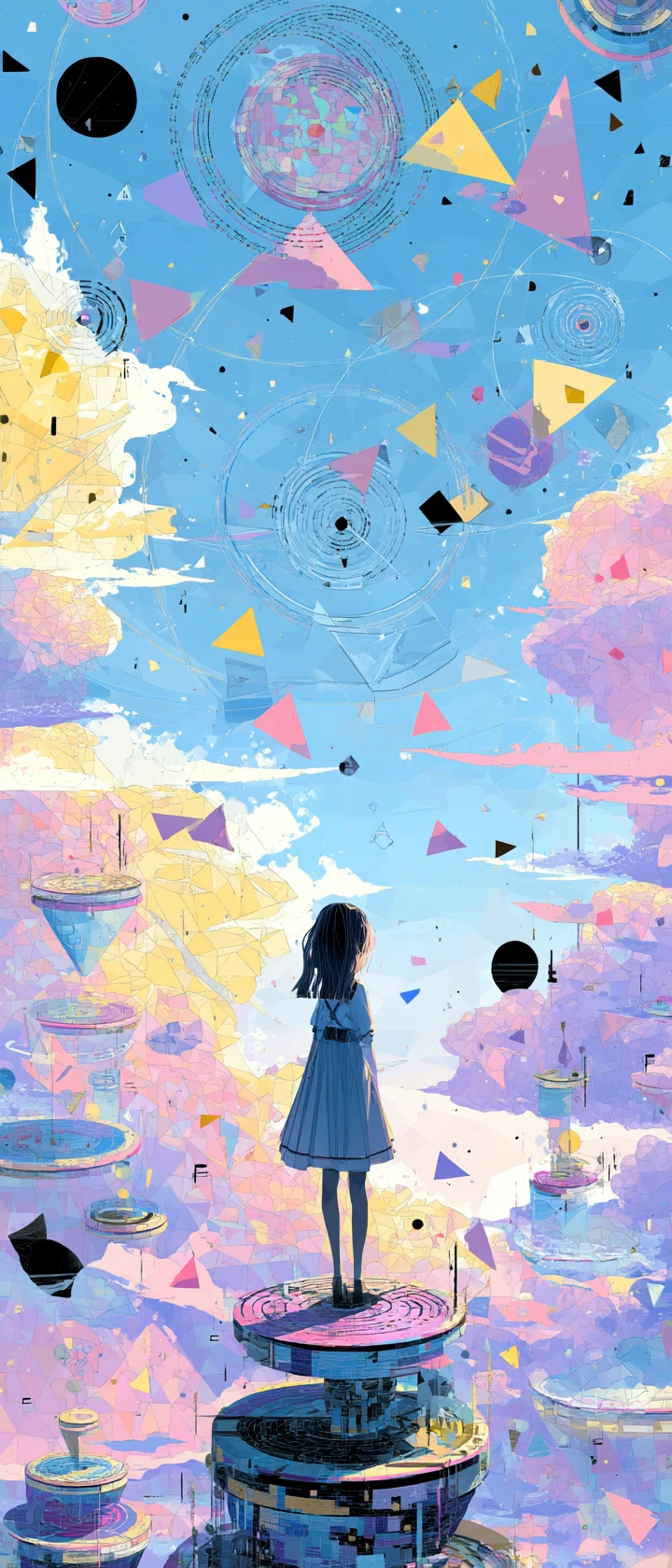 Bambino anime che dirige musica geometrica fluttuante in un cielo pastello