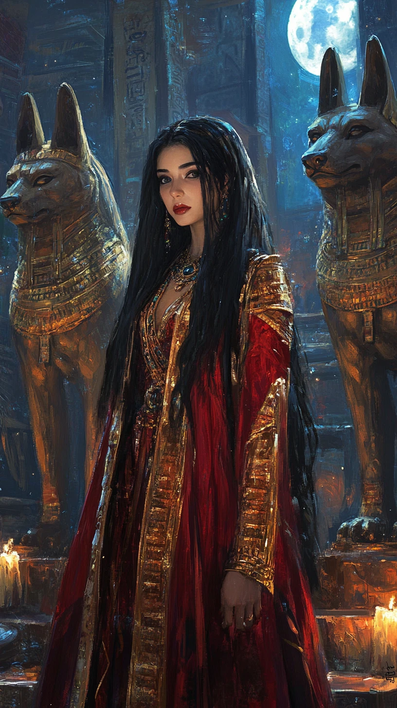 Egyptian queen in red abaya between colossal Anubis statues