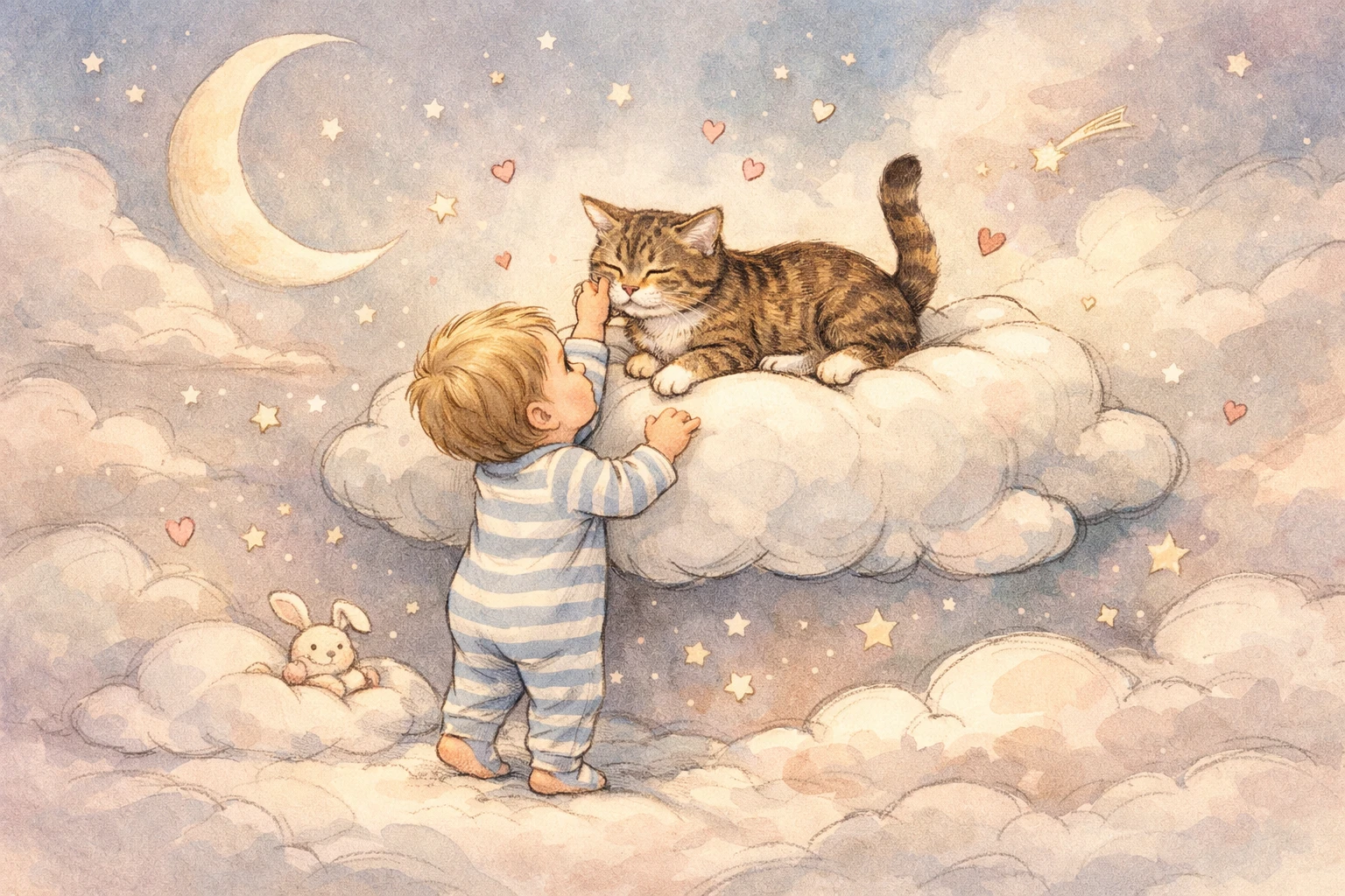 Curious toddler petting a cat on a fluffy cloud pillow