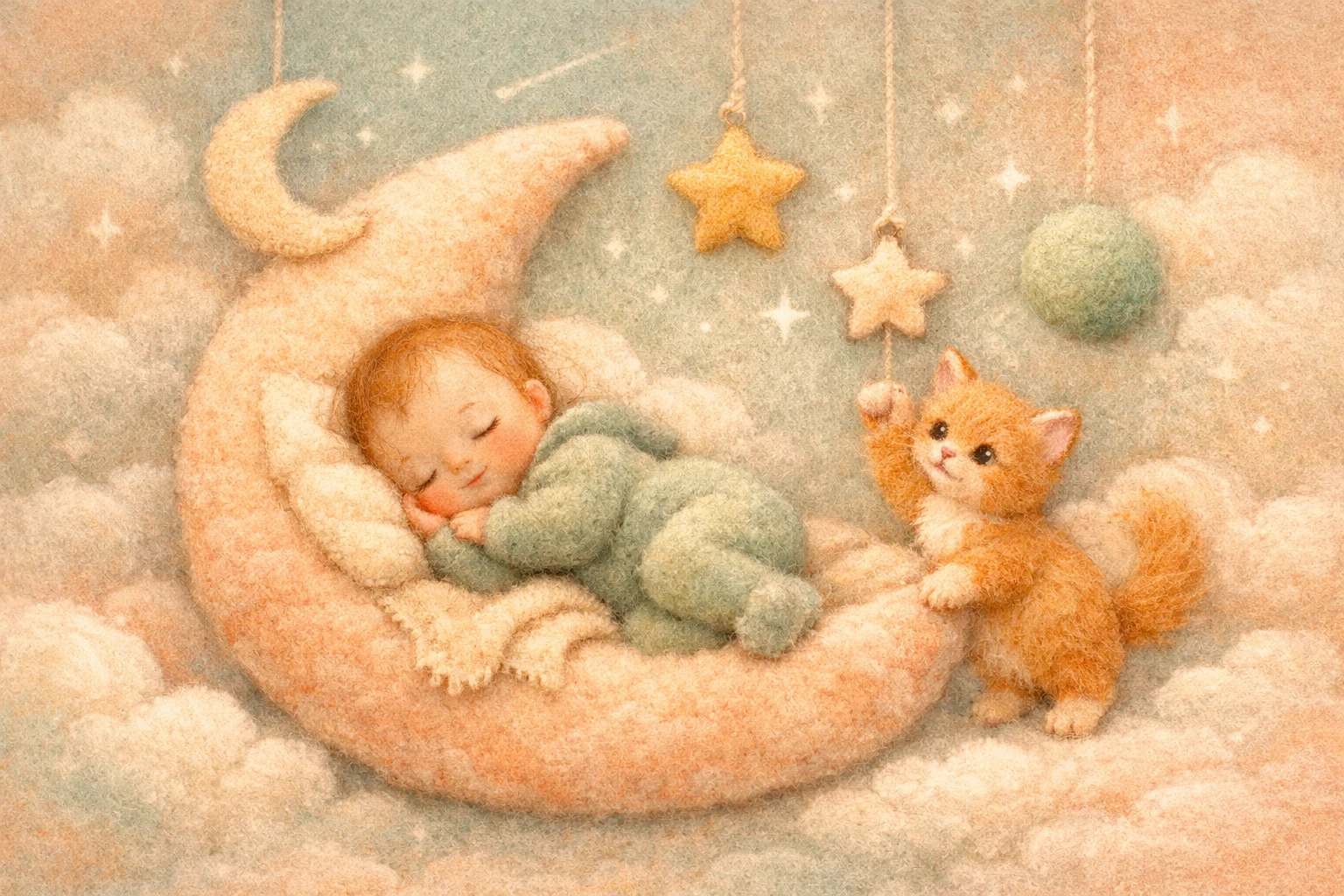 Baby Resting On Moon Cushion With Playful Kitten