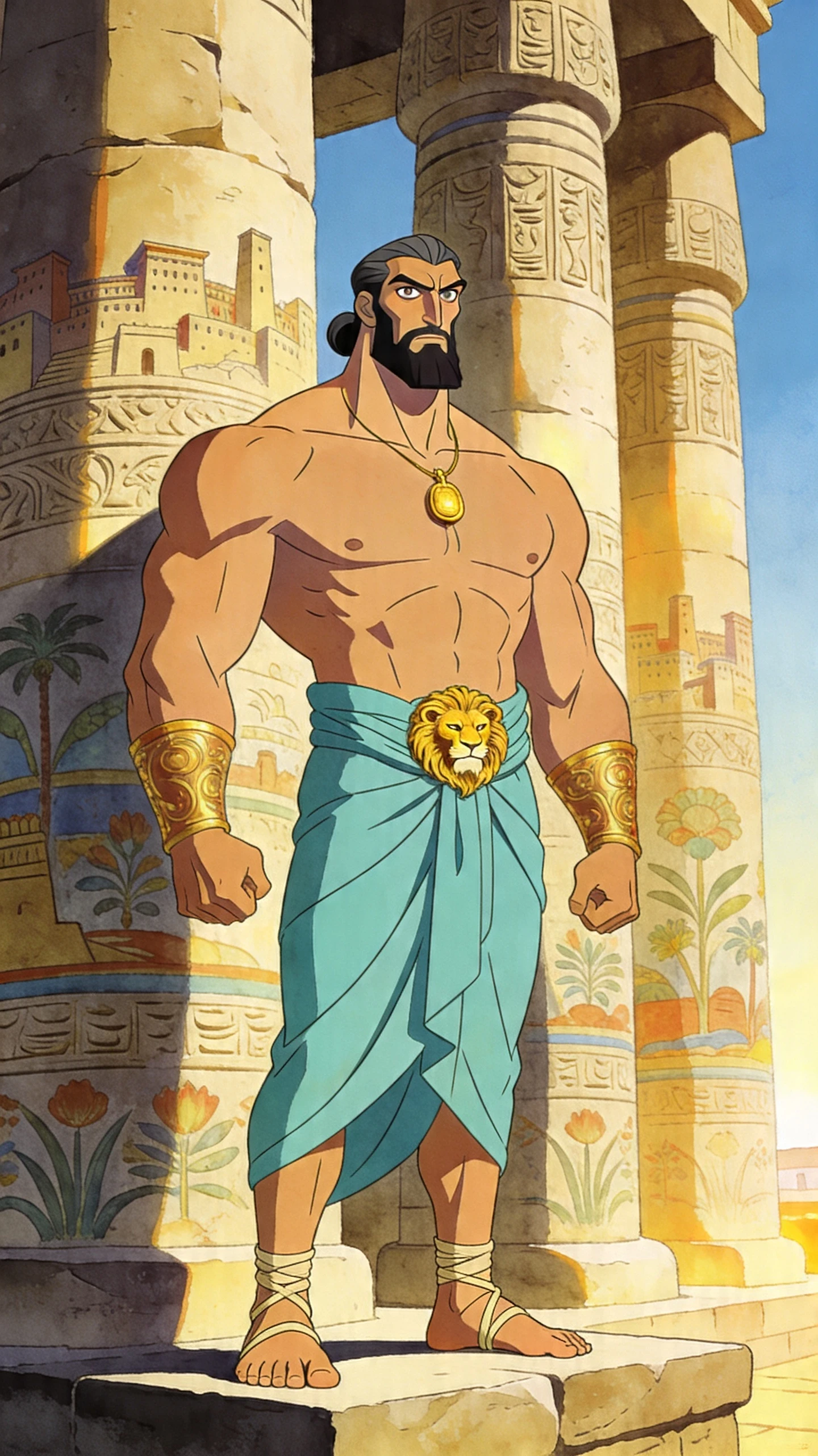 Colossal bearded man on ancient stone platform at sunset
