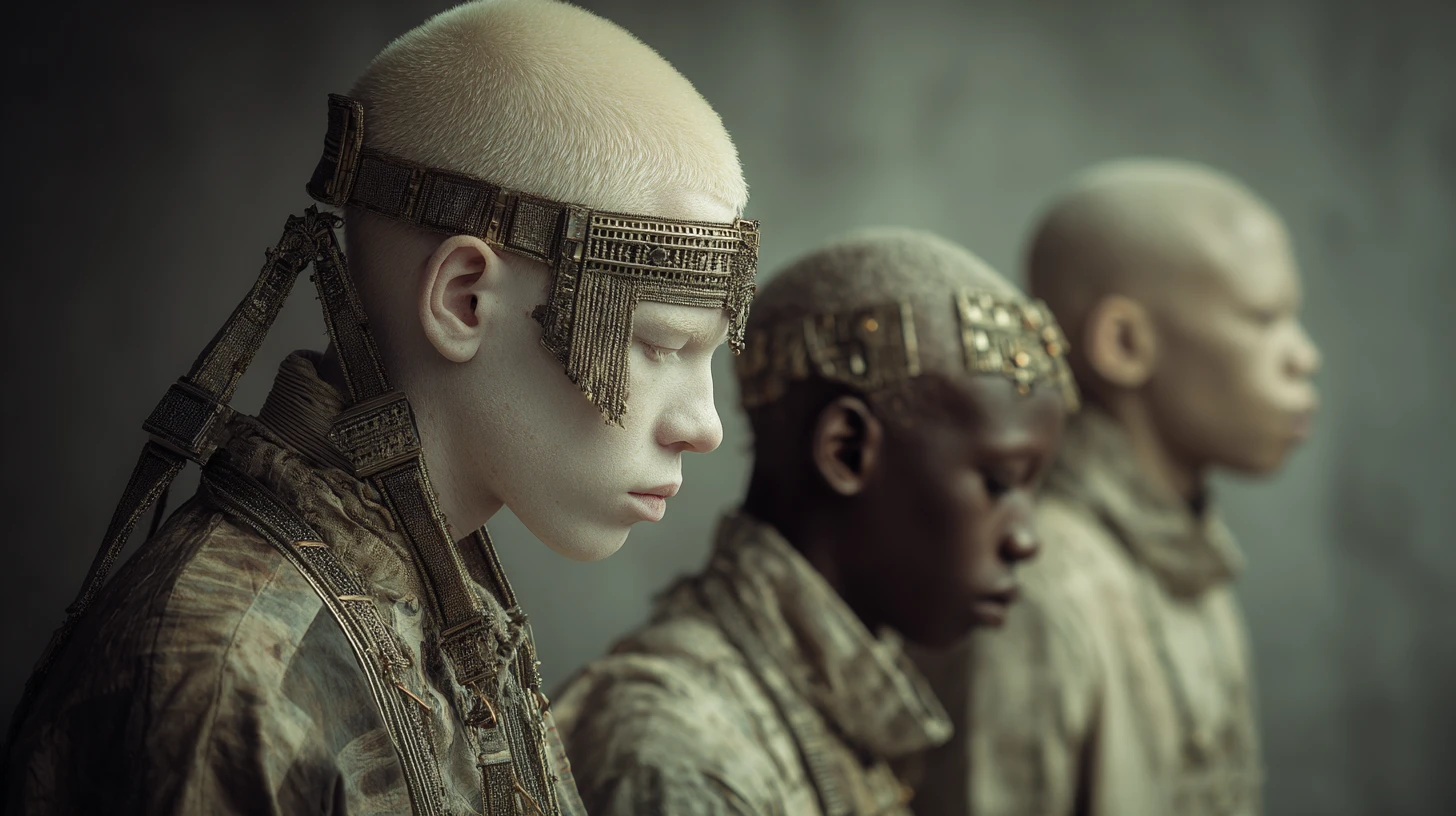 Hombre y niño africanos albinos con elaborado tocado tradicional