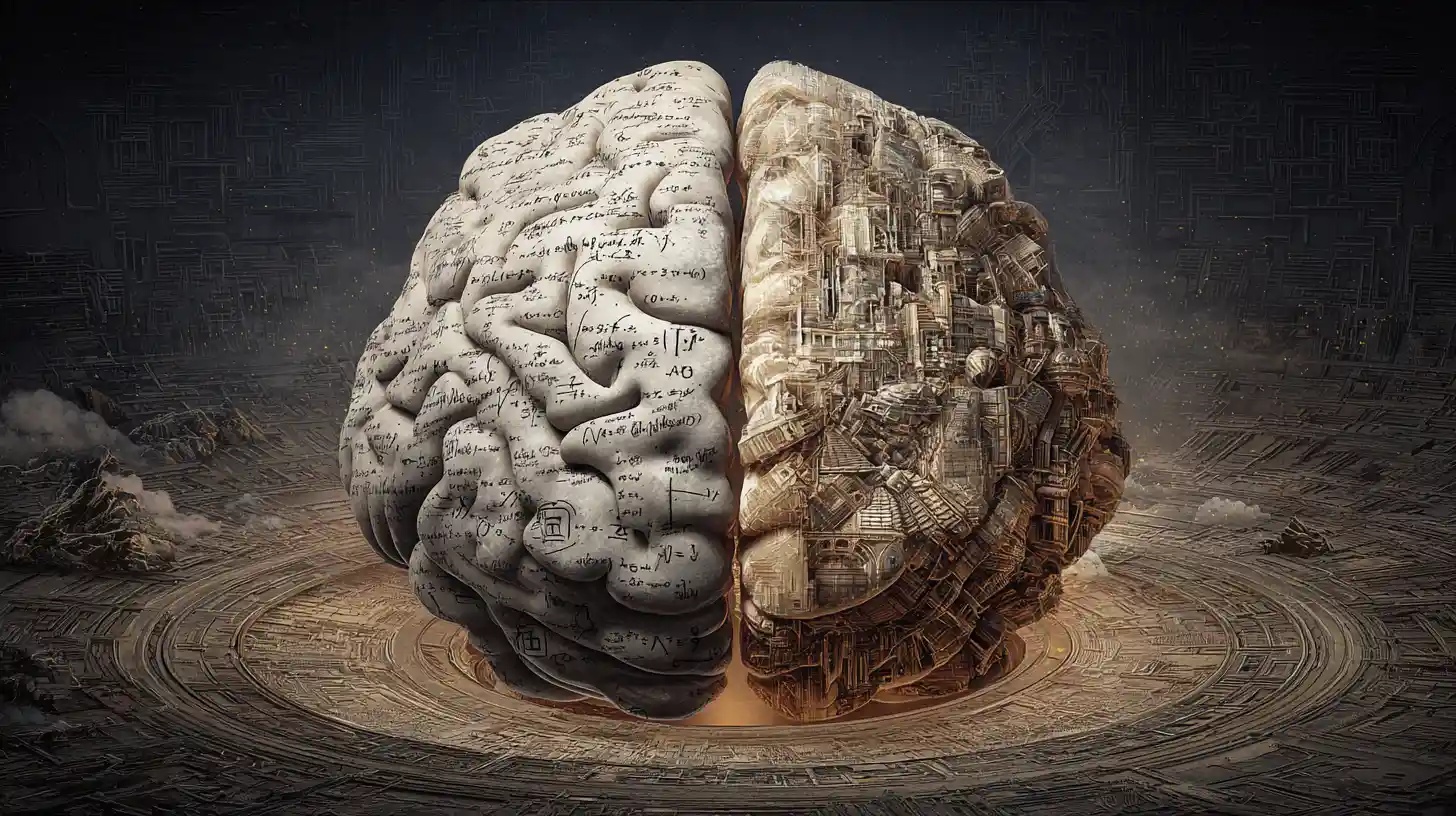 Fantasy brain hemispheres blending logic with creativity