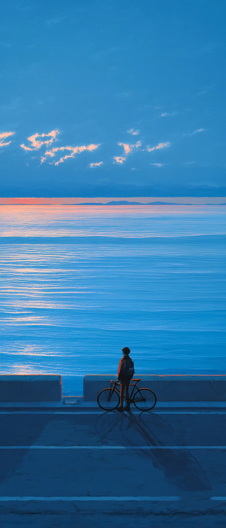 Lone anime cyclist on a quiet coastal road at dawn
