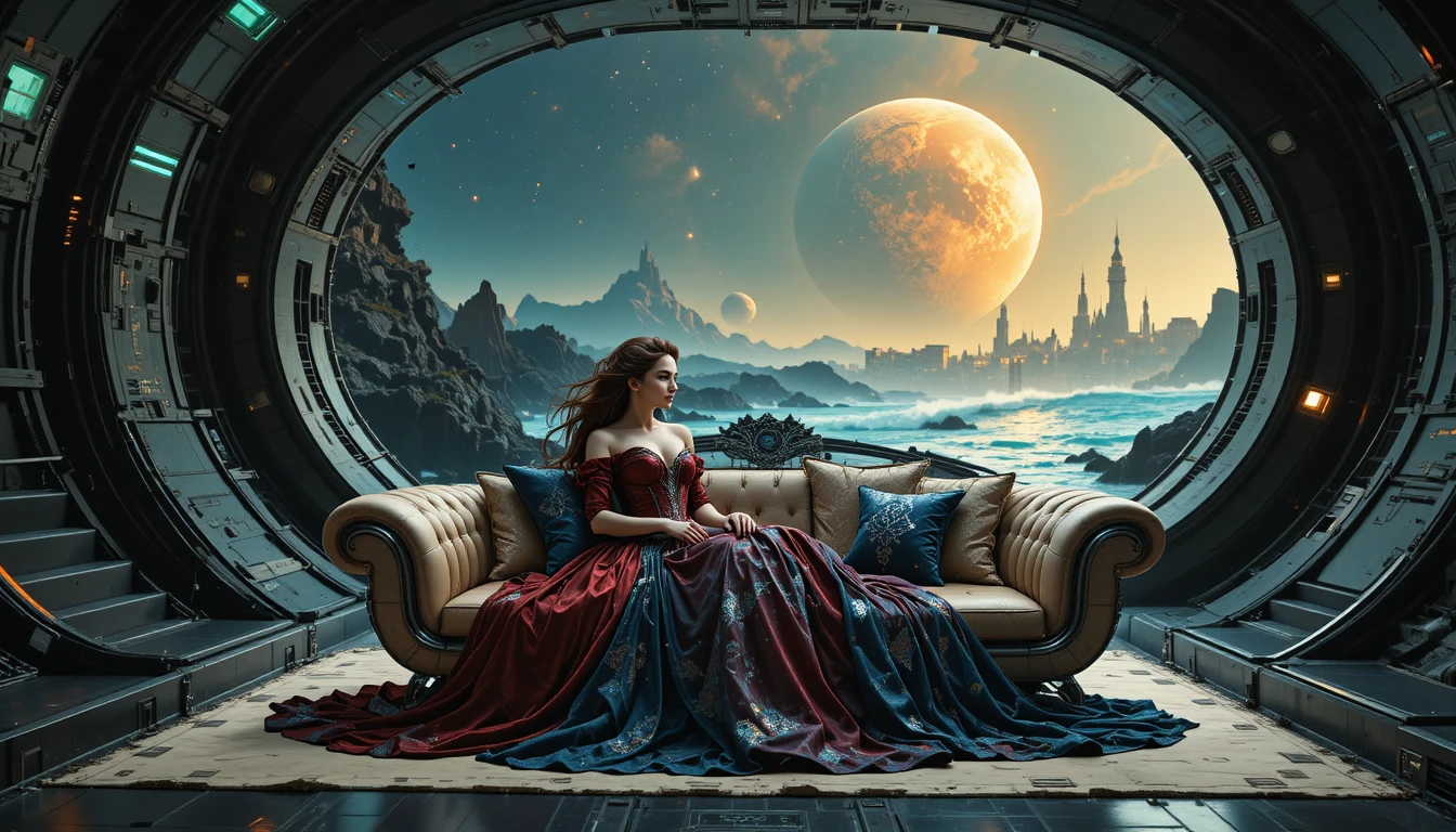 Regina gotica sulla riva di sabbia nera sotto un colossale pianeta rosso