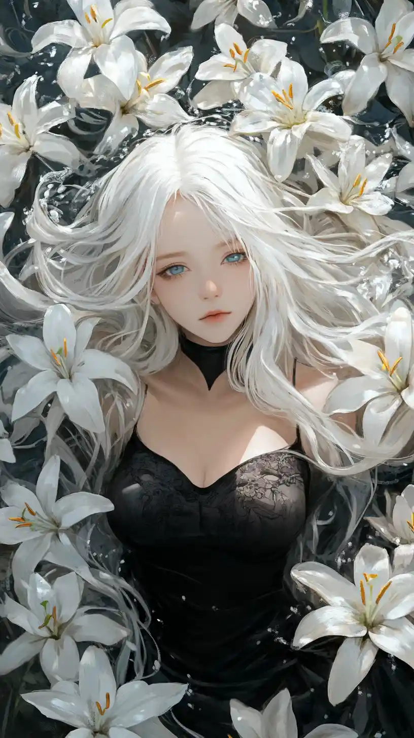 Ethereal anime woman resting among white lilies