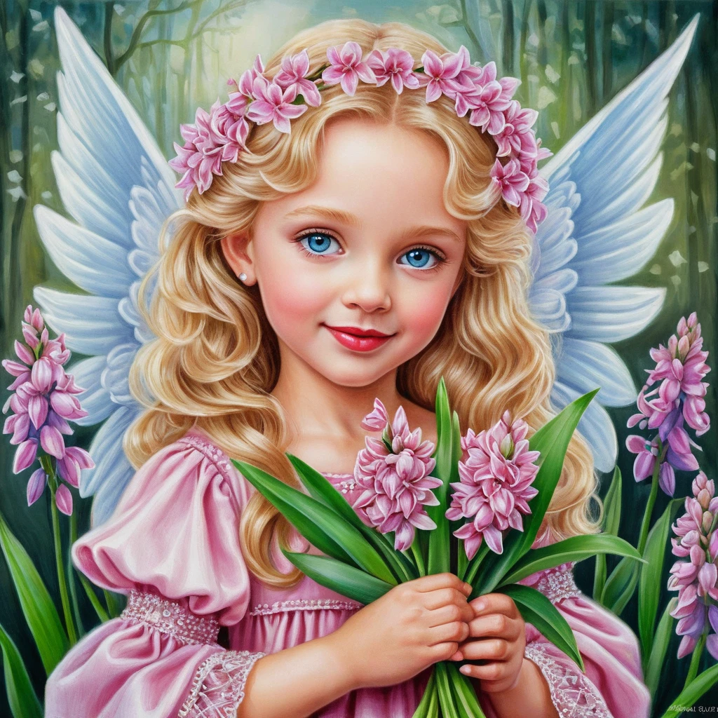 Niña ángel sonriente de primavera con flores y vestido verde