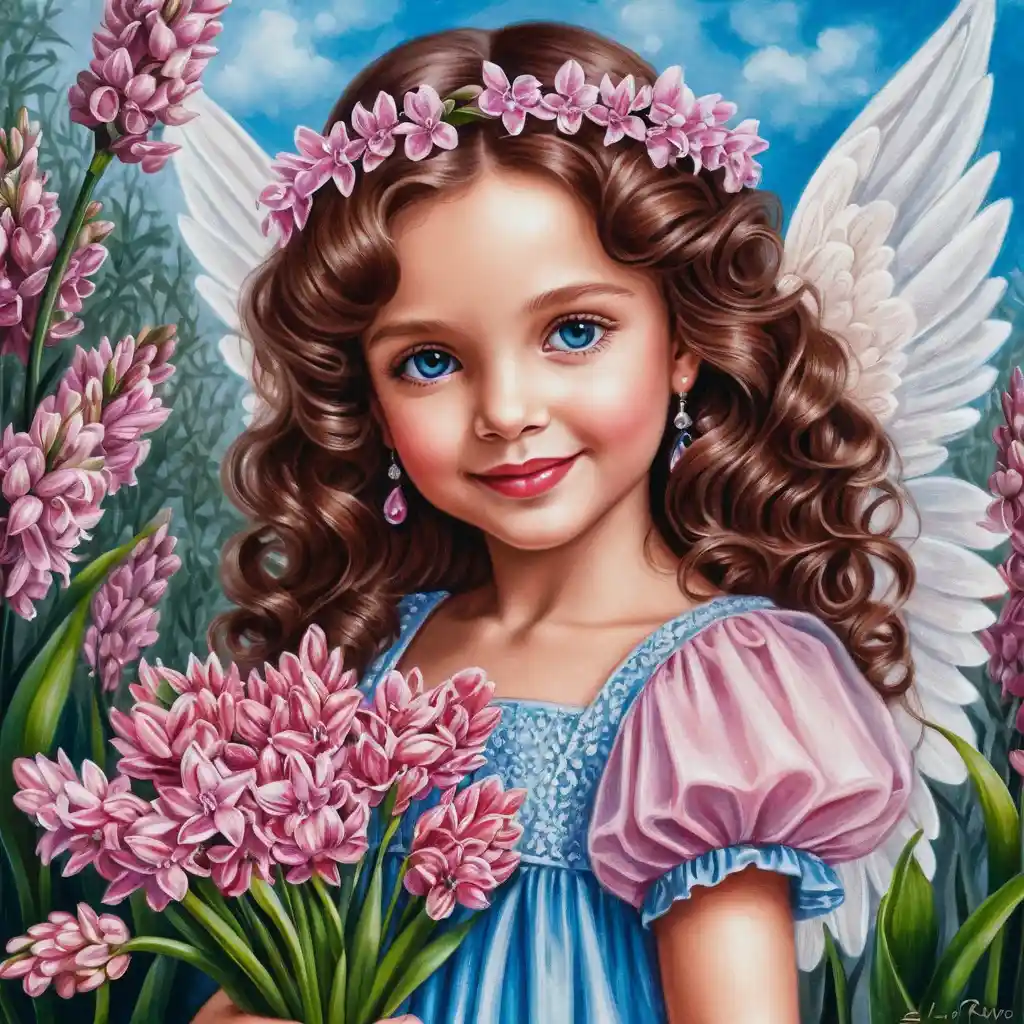 Angelica ragazza primaverile sorridente con bouquet di giacinti rosa